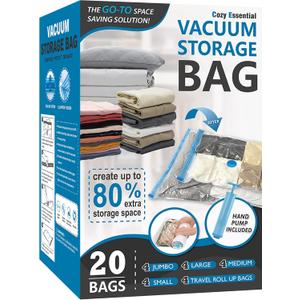 Cozy Essential Vacuum Storage Bags, 80% Compression Vacuum Seal Space Saver Plastic Packaging Bags for Clothes, Blankets, Pillow, Bedding, Comforters, Sealer Clothing Storage,20 Combo