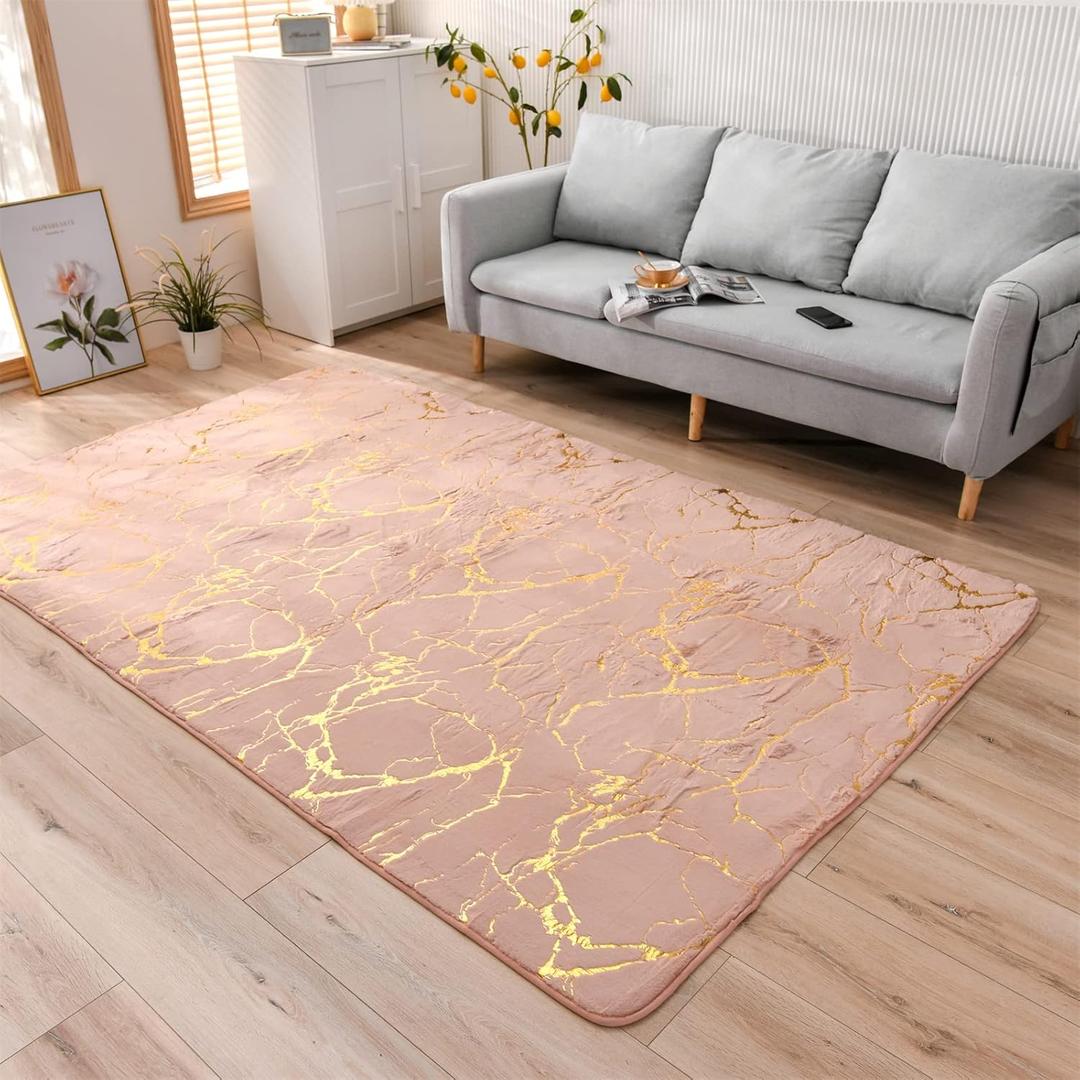 Aimuan Pink Rug Soft Gold Marble Metallic Glitter Area Rug Nursery for Princess Prince Modern Faux Rabbit Fur Mat Fluffy Plush Velvet Home Carpet Throw Rug Non-Skid Dots Backing (Pink, 58ft)