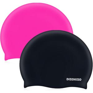 2pcs Silicone Swim Cap for Kids 6-14, High Elasticity Comfortable Non-Slip Swimming Cap for Girls & Boys, Durable Waterproof Swim Hats for Long and Short Hair, Keep Hair Dry (Rose red & Black)