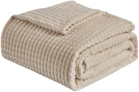 EMME Fleece Blanket Twin Size Luxury Flannel for Couch Bed Sofa Chair, Soft, Plush, Warm and Cozy Blanket with Geometric Grid Design (Beige, 60'' x 80'')