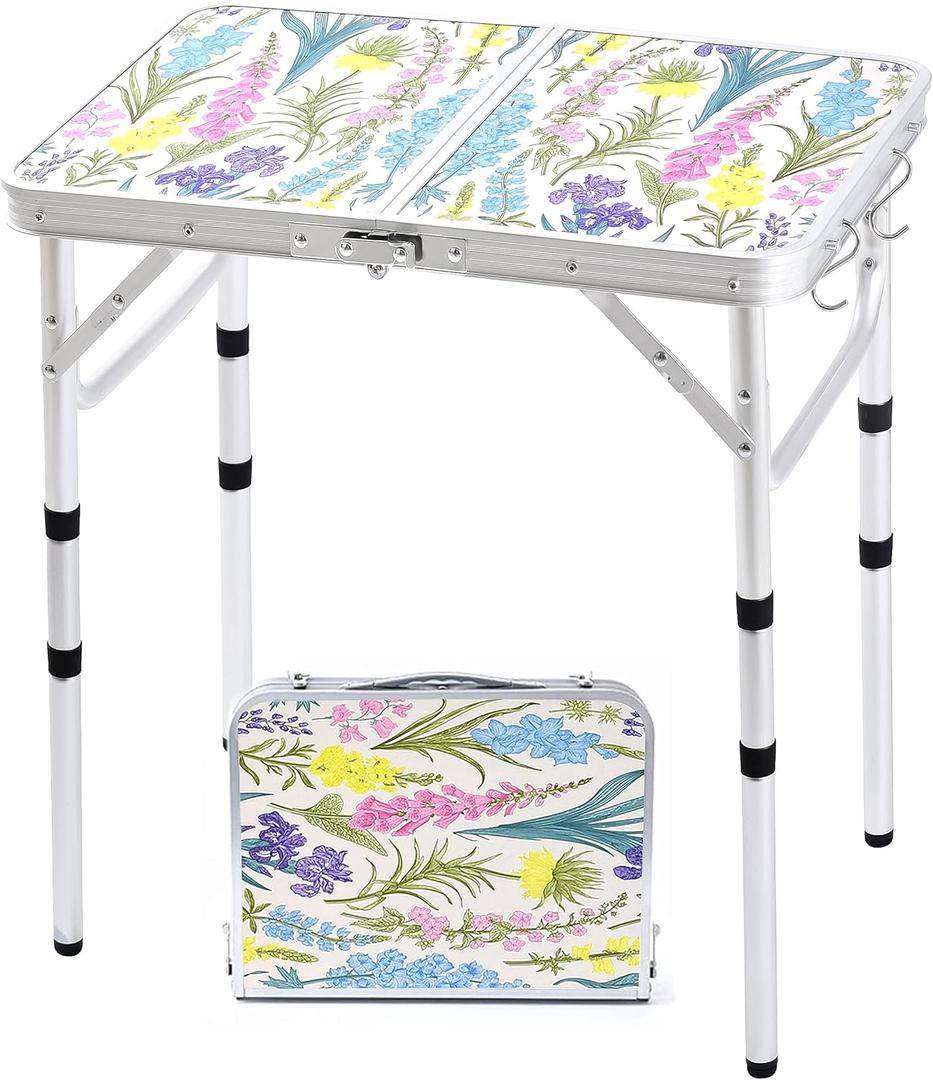 Folding Camping Table 2ft Portable Pinic Table Adjustable Height Small Card Table Aluminum Foldable Lightweight with Carry Handle for Outdoor Indoor Hiking Camp BBQ Beach (Blooming Floral) Folding Camping Table 2ft Portable Pinic Table Adjustable Height Small Card Table Aluminum Foldable Lightweight with Carry Handle for Outdoor Indoor Hiking Camp BBQ Beach (Blooming Floral)