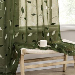 MIULEE Olive Green Sheer Curtains 2 Panels Embroidered Leaf Patterned Rod Pocket Floral Semi Faux Linen Window Curtains Drapes Set for Living Room Bedroom Dining Room, 52x96 Inches Long