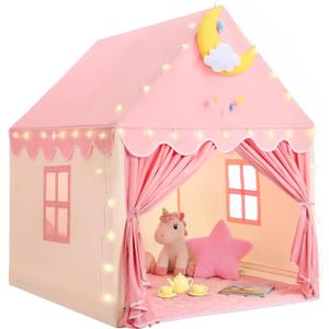 Kids Tent for Grils Indoor: with Mat, Star Lights - Pink Play Tents for Kids Indoor Playhouse - Princess Tent for Playroom Gift for Girls Birthday (Pink W/Cloth)