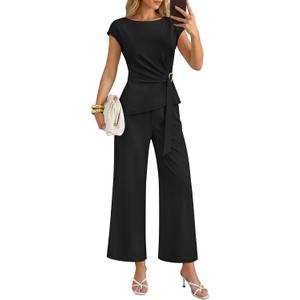 ZESICA Women's 2026 Summer 2 Piece Outfit Sets Casual Short Sleeve Knit Belted Tops and Wide Leg Pants Work Office Clothes (Medium, Black)