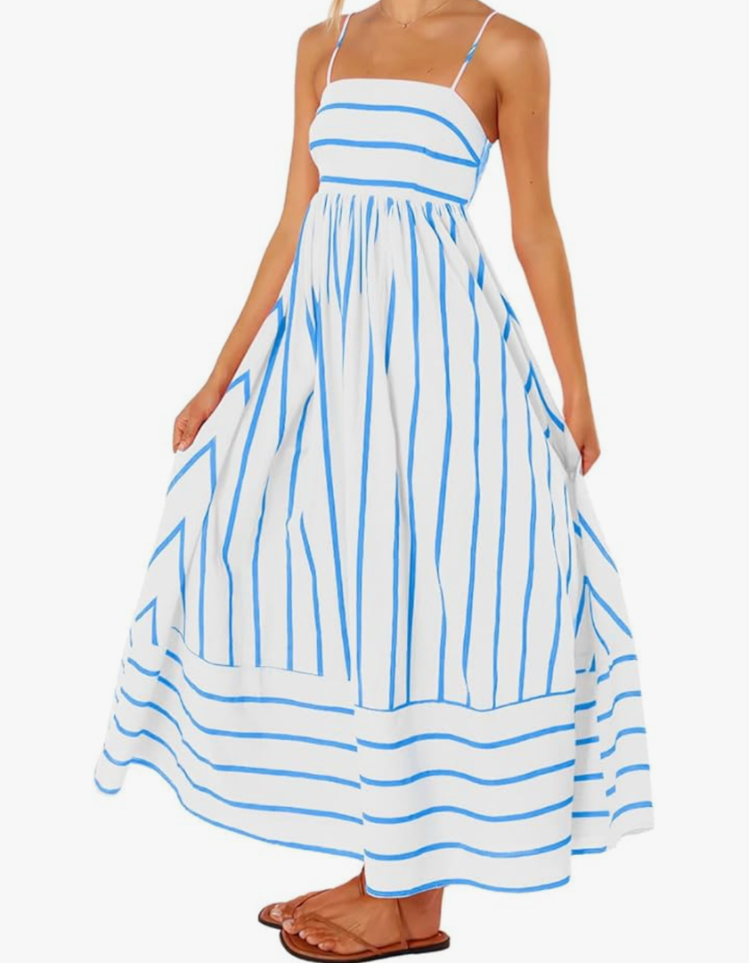 Women's Striped Back Smocked Maxi Dress Sexy Spaghetti Strap Cut Out Flowy Swing Long Dress Size M Women's Striped Back Smocked Maxi Dress Sexy Spaghetti Strap Cut Out Flowy Swing Long Dress Size M