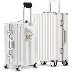 Carry-on with Cup Holder & USB Port Carry on Luggage Durable Luggage Suitcase Lightweight Hardside Luggage with TSA lock & Phone Holder 360° double spinner Wheels (White=(20+24)lnch, (20+24)lnch)