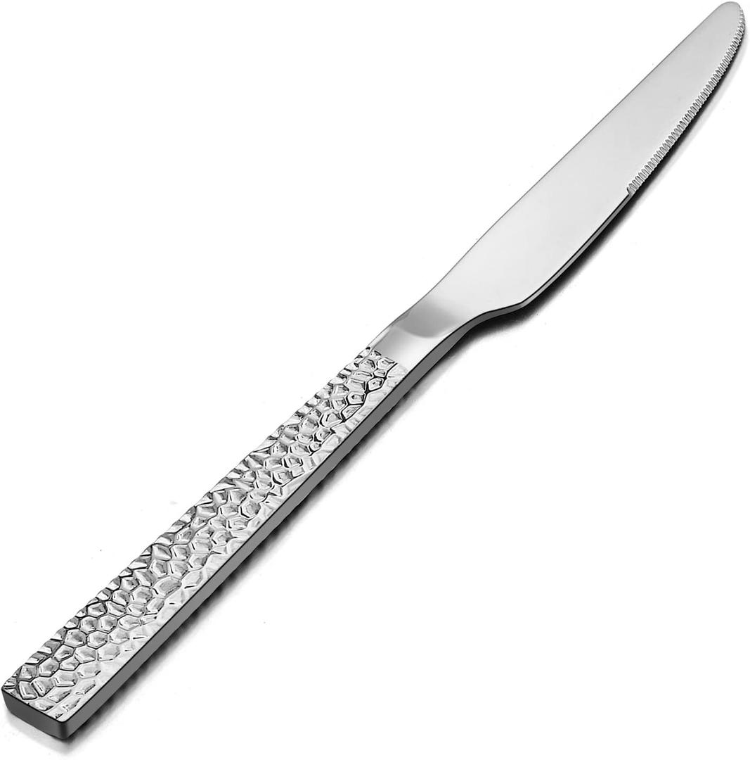 E-far Hammered Dinner Knives Set of 12, 8.9 Inch Stainless Steel Serrated Steak Butter Knife for Home Kitchen Restaurant, Modern Design & Square Edge, Mirror Finish & Dishwasher Safe,  Hammered Square Edge