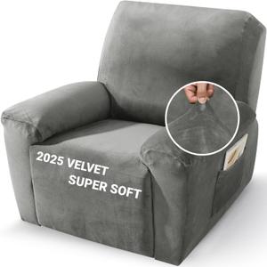 ZNSAYOTX 2025 Velvet Oversized Recliner Cover 3-Piece, Luxury Plush Recliner Chair Covers with Elastic Band & Ties Stay in Place, Stretch Reclining Slipcover for Lazy Boy Soft Washable (Grey)