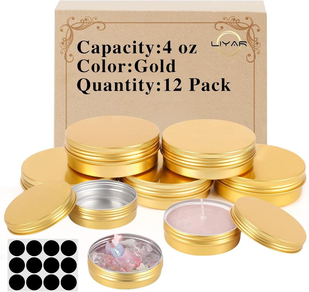 4oz Tins 12 Pack, Round Salve Tins for Salve, Aluminum Gold 4 oz Tin with Lids, Recycle Metal Tin Containers for Storage, DIY Containers for Food, Crafts, Candles, Lotions, Balm, Spices