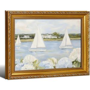 Gold Vintage Framed Coastal Wall Art - Sailboat Seascape Hydrangea Canvas Prints, Summer Ocean Aesthetic Decor for Living Room Bedroom Beach House, 16x24 Inch