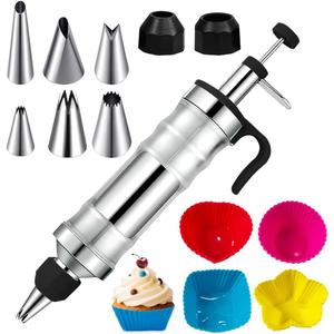 Dessert Decorating Syringe Set with 8 Silicone Cupcake Liners,Frosting Piping Nozzles Kit with 6Piping Tips,Stainless Steels frosting filling injector for Cookie,Cupcake Filler Tool,Dessert decorating