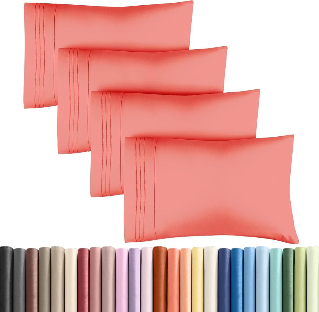Queen Pillow Cases Set of 4 - Ultra Soft Hotel Quality Pillowcase Covers - Comfy, Cozy & Wrinkle Free - Shrinkage, Stain and Fade Resistant - Machine Washable Pillow Protectors - 4 Piece Set - Coral