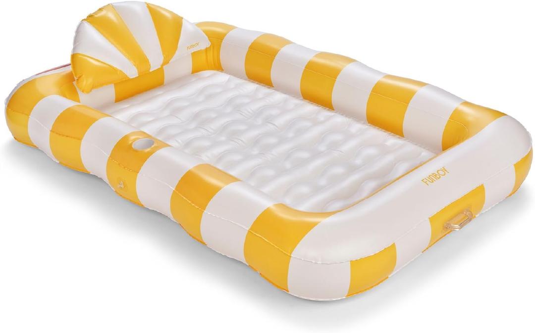 FUNBOY Tanning Pool Lounger Float, XL 72'' x 48'' Pool Float with Custom Pillow and Large Cup Holder, Perfect for Pool or Backyard. (Yellow)