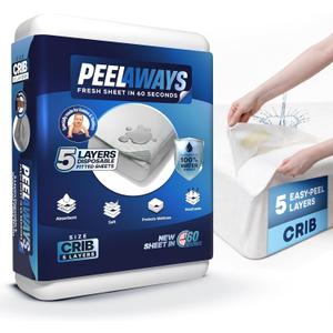 PEELAWAYS Crib-A-Peel Disposable Waterproof Crib Sheets - Super Absorbent Bedwetting Pads for Infants, Potty-Training, Spills, and More - 5 Layer 28" x 52" x 6" (White)