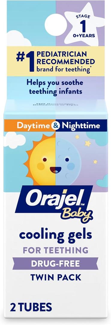 Orajel Baby Daytime & Nighttime Cooling Gels for Teething, Drug - Free, #1 Pediatrician Recommended Brand for Teething*, Two 0.18oz Tubes, Exp Date: 06/2027