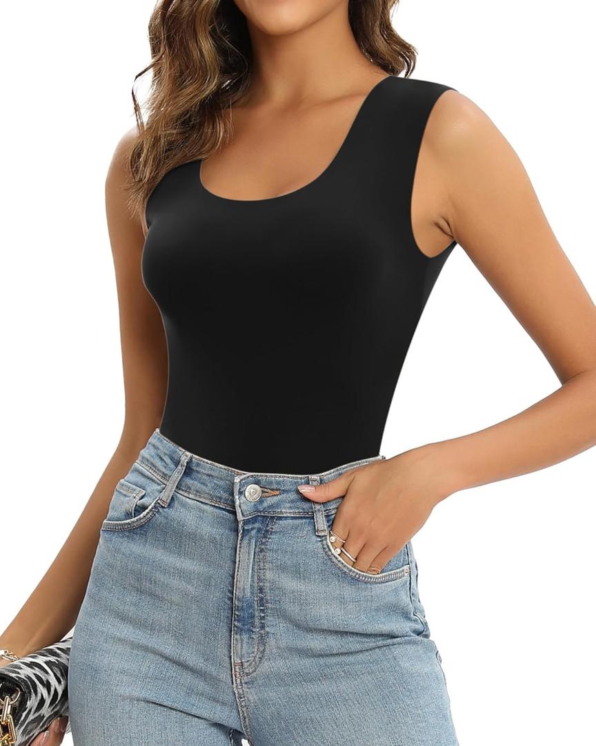 MANGOPOP Sleeveless Bodysuit For Women Scoop Neck Double Lined Tank Top Body Suit Basic Fitted Summer Going Out Tops (Large, Black) MANGOPOP Sleeveless Bodysuit For Women Scoop Neck Double Lined Tank Top Body Suit Basic Fitted Summer Going Out Tops (Large, Black)
