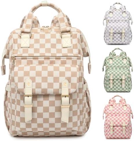 Lreneilu Corduroy Laptop Backpack for Women 15.6 Inch Stylish College School Bookbag, Business Work & Travel Computer Backpacks (Checkered Brown)