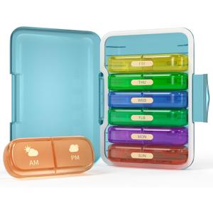 Weekly Pill Organizer 2 Times a Day, 7 Day Pill Box 2 Times, Portable for Travel Pill Case for Pills/Vitamin/Fish Oil/Medication/Supplements (2x7 Blue+Rainbow)