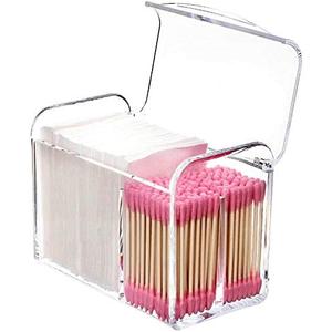 Square Acrylic Cotton Ball Pads Gauze Swab Holder Organizer Q-tip Dispenser Storage Canister Bathroom Container Flossers Box Case (5.6x3.2x4.3 in, 1 Tier, 3 Partitions, Transparent) (D-Clear, shell lid box)