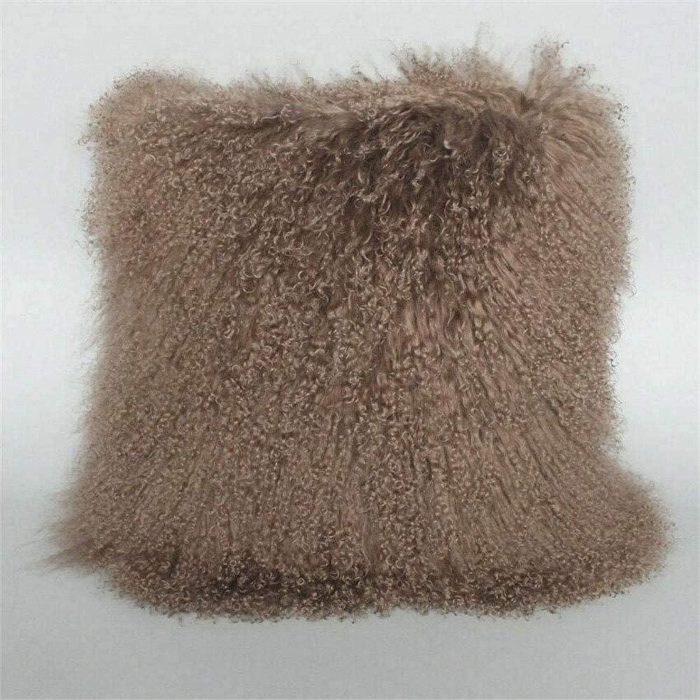 Lamb Fur Throw Pillow Cover Real Fur Sheepskin Throw Square Cushion Fluffy Curly Wool Soft for Living Rooms 20X20in (Khaki)