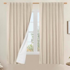 LAMIT 100% Blackout Linen Curtains 63 Inches Long, Flax Textured Living Room Farmhouse Curtains Full Room Darkening Back Tab and Rod Pocket Panels with White Liner, 2 Panels, Linen, 60 x 63 Inch