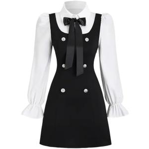 Women Short Dresses 2 In 1 Colorblock Turndown Collar Lantern Sleeve Black Suit Cute Dress (Small)