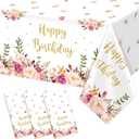 3 Pcs Pink Floral Happy Birthday Waterproof Rectangular Table Cloths Rose Gold Party Decor petal themed Disposable Plastic Tablecover Table Cover for Birthday Party Favors for Girls Women 54X 108