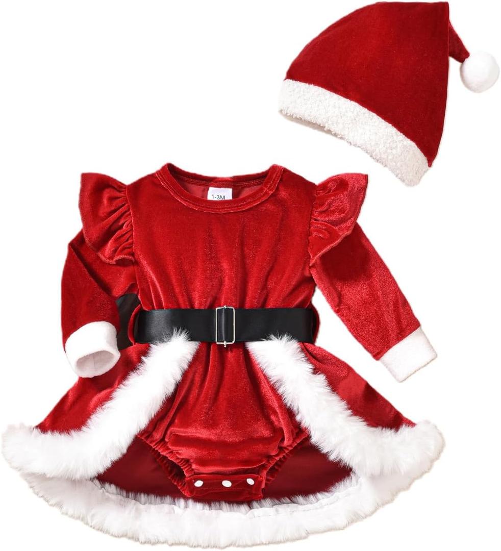 Gueuusu Toddler Baby Girls Christmas Sweatshirt Dress Velvet Long Sleeve Furry Belted Jumpsuit Skirt Infant Christmas Outfit (9-12 Months, Red)
