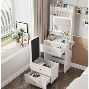 Vabches Make Up Vanity Desk with Mirror and Lights, White Vanity Table Set with Charger Station,Girls Small Vanity and Storage Chair