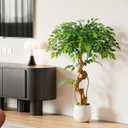 4ft Large Ficus Artificial Trees in White Pot, 48" Tall Fake Silk Tree with Natural Curved Trunk, Lush Faux Ficus Tree for Indoor Home Decor, Living Room, Office & Patio
