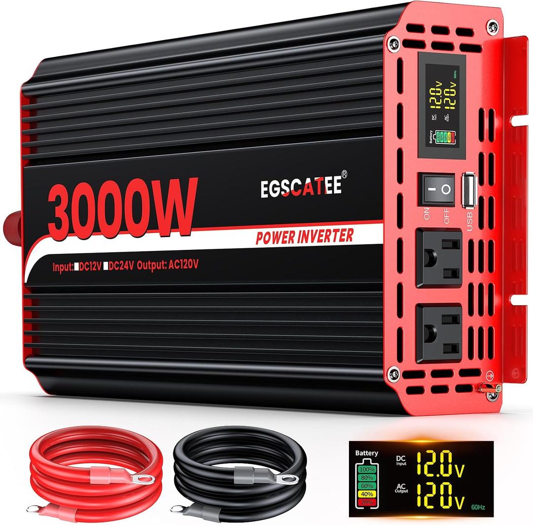 3000 Watts Power Inverter 12V DC to 110V/120V AC Converter Peak Power 6000W Car Inverter with LCD Display, 2 AC Outlets, 3.1A USB Port for RV, Camping,Truck, Boat, Off-Grid Solar System