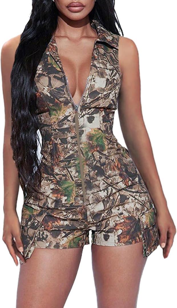 Molilove Womens Casual Camouflage Jumpsuit Y2K Sleeveless Zipper Cargo Shorts Romper Camo One Piece Outfits Streetwear (XL)