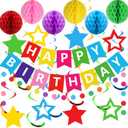 Meowtastic Birthday Decorations, Happy Birthday Banner with Honeycomb Balls, Stars Hanging Swirls Streamers, Circle Dots Garland, Happy Birthday Party Decorations for Women Men Boys Girls (Rainbow)