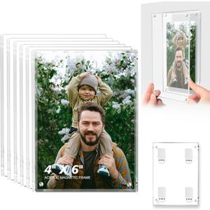 6 Pack 4x6 Magnetic Acrylic Picture Frame Stick to the Wall, No Drill Clear Photo Frames, Self Adhesive Framless Frames