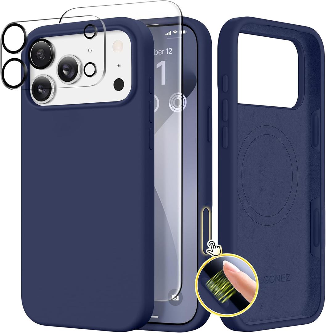 GONEZ Magnetic for iPhone 17 Pro Max Case, Compatible with MagSafe, [Screen Protector + Camera Lens Protector], Liquid Silicone Anti-Scratch Shockproof Protective Phone Case 6.9 inch, Midnight Blue