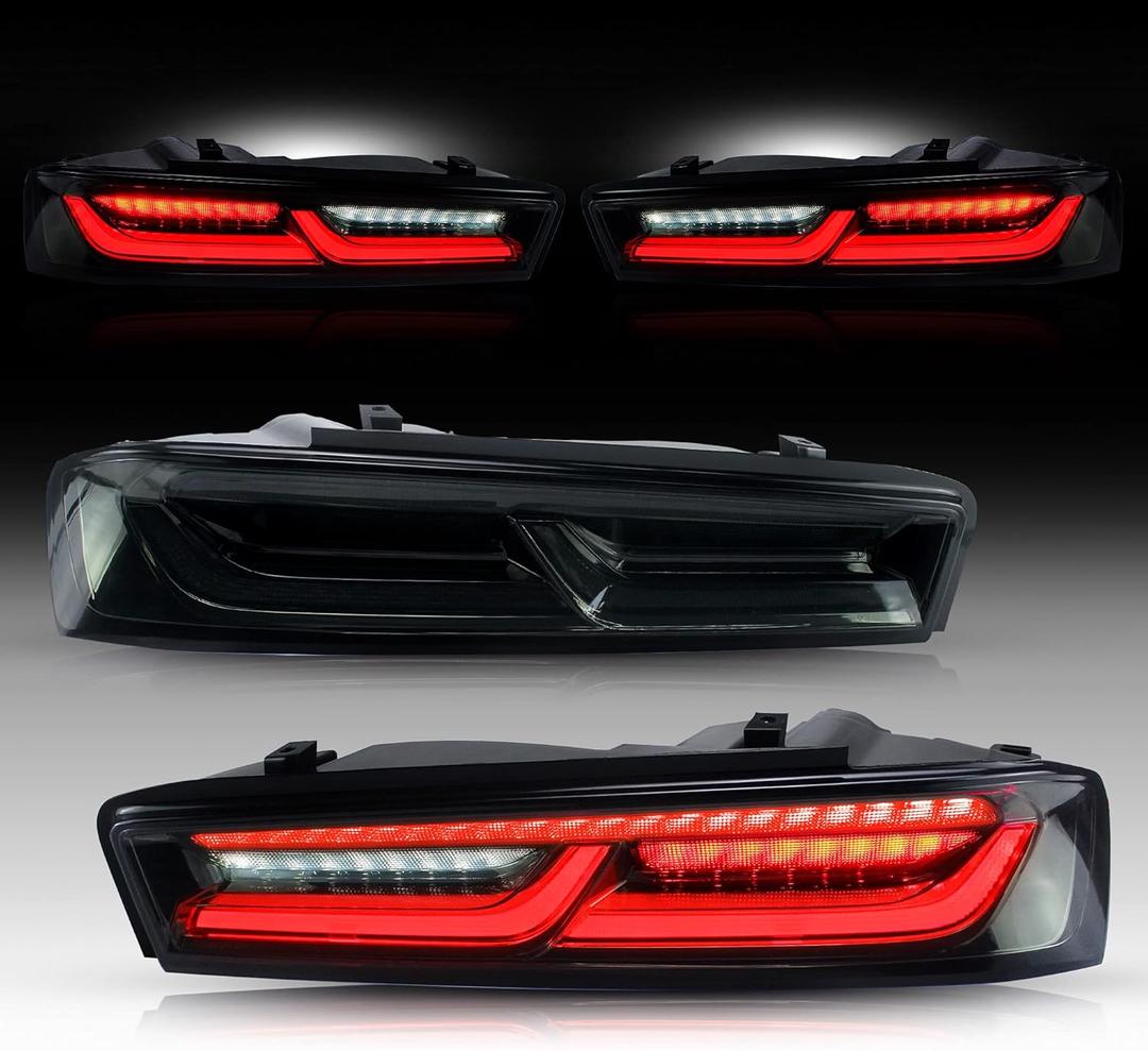 VLAND LED Smoked Tail Lights Compatible For Chevy Camaro Coupe 2016 2017 2018, With Sequential Red Turn Signal lights, daytime running Rear lamps Assembly