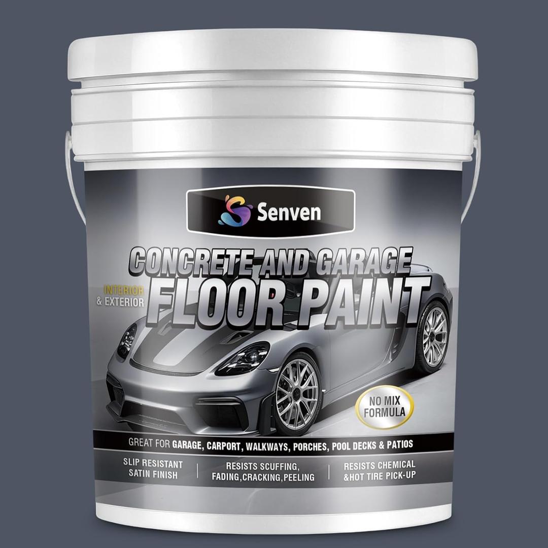 SENVEN Acrylic Concrete & Garage Floor Paint 5 Gallon Slate Gray, Interior/Exterior Concrete Paint for Basement Floors, Porches, Driveway Concrete Coating Semi Gloss, 640 Fl Oz