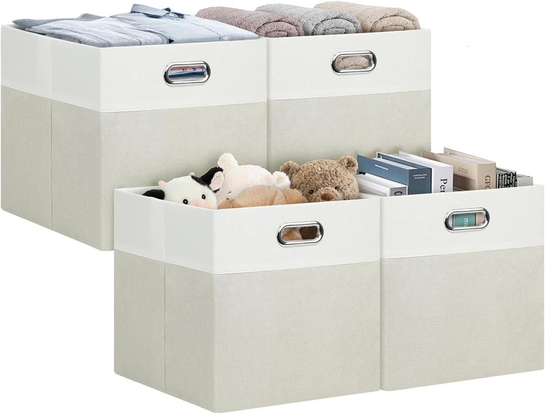 Bellzacasa Storage Cubes, 131313 Linen Fabric Collapsible Storage Bins for Organization, Foldable Storage Baskets Boxes with Handles for Closet, Shelf, Offices, Bookcase,Set of 4 (White&Beige)