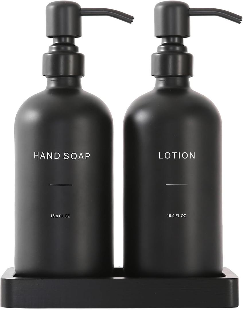 Prus Waso Black Soap Dispenser Bathroom Set, Soap and Lotion Dispenser Set with Stainless Steel Pump, Perfect for Bathroom Decor. (Black)