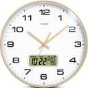 Wall Clock, 12" Dial Non-Ticking Silent Battery Operated Analog with LCD Display for Perpetual Calendar and F Temperature, Ideal Modern Home, Bedroom, Kitchen, Office Decor (Gold)