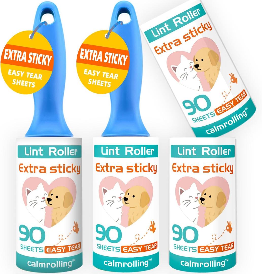 4 x Extra Sticky Pet Hair Remover Lint Roller, 4 Refills (360 Sheets) + 2 Handles, Easy Tear No Residue for Clothes, Couch, Furniture and Car Seats