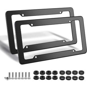 Black Carbon Fiber License Plate Frame, 2 Pack Glossy Waterproof Plastic Number Plate Frame Print Carbon Fiber Pattern for Man and Women (with Fasteners and Screws)