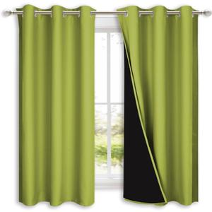NICETOWN 100% Blackout Short Curtains with Black Liners, 2 Panels, 37" W by 40" L, Fresh Green, Solid Thermal Insulated Full Blackout 2-Layer Lined Drapes, Energy Efficiency Window Drapes for Bedroom