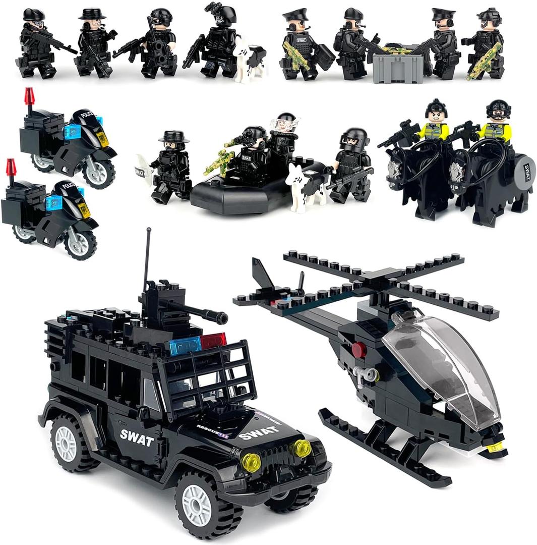 SWAT Set with 12 SWAT Officers, 2 Mounted Police with Horse 1 Helicopter, 1 Armored SWAT SUV Vehicle,and 2 Motorcycle,Safe & Durable ABS Great Gift for Kids, Boys, and Collectors