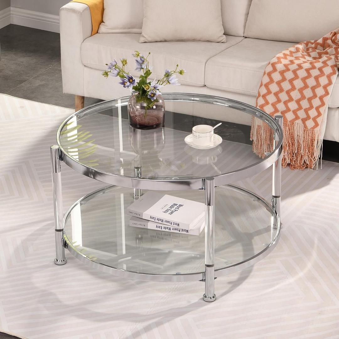 Tempered Glass Round Coffee Table, 28" Modern Acrylic Legs Circle Center Table for Living Room