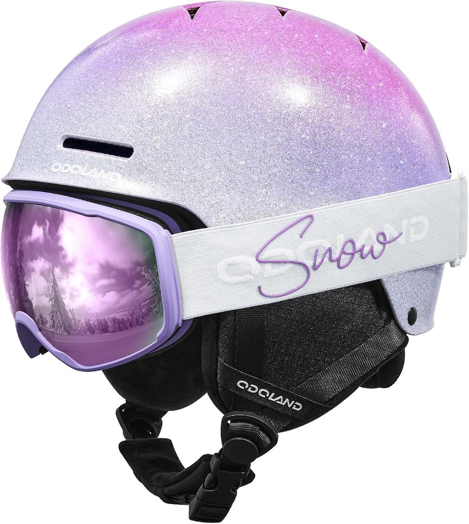 Odoland Kids Ski Helmet, Snow Helmet with Ski Goggles Set for Boys and Girls, Shockproof, Windproof, Safety Snowboard Sports Helmets and Protective Goggles for Children Age 6-14 (XS(49-53cm/19.3-20.9"), Sparkly Gradient Purple)