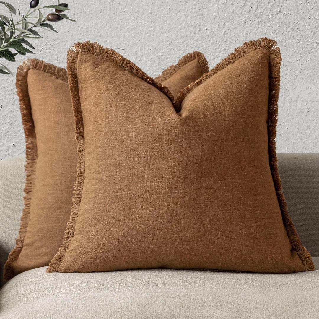 Foindtower Set of 2 Decorative Linen Fringe Throw Pillow Covers Boho Farmhouse Cushion Cover with Tassels Soft Accent Pillowcase for Couch Chair Sofa Bed Living Room Home Decor,1818 Inch,Tan Beige (Semolina)
