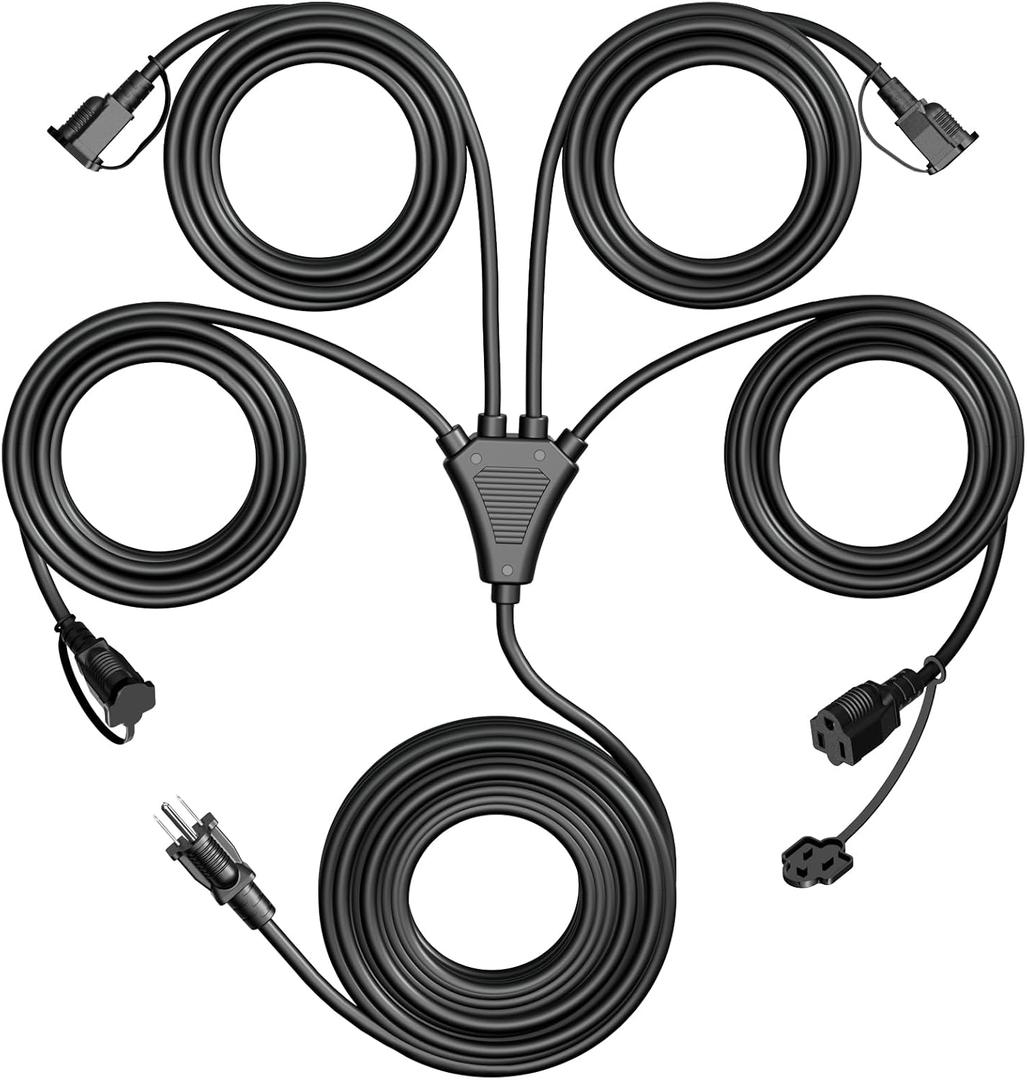 Eversimpleinc Black 1 to 4 Splitter Extension Cord (Combined 31 FT, End to End 13 FT), 3 Prong Plug with 4 Extended Outlets, with Weatherproof Covers for Indoor and Outdoor