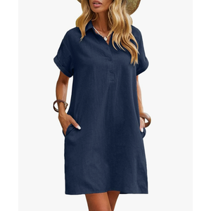 Zeagoo Women's Cotton Shirt Dress Summer Casual Short Sleeve Button Down Beach Cover Up Shirts with Pockets Size L