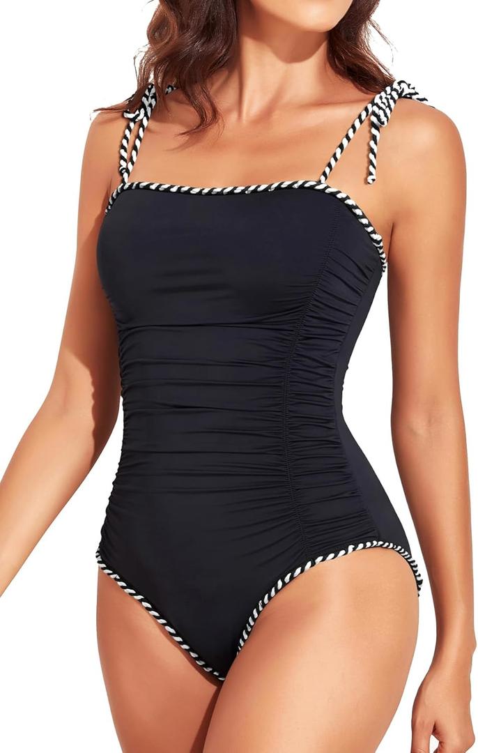 Tempt Me Women One Piece Swimsuits Ruched Slimming Bathing Suits Vintage Swimwear (S)